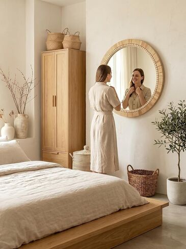 OYPEIP 24 Inch Round Natural Rattan Wall Mirror, Boho Decorative Mirror with White Beads, Rustic Farmhouse Circle Mirror for Living Room, Entryway, Bathroom, Bedroom in Saudi Arabia