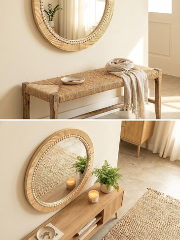 OYPEIP 24 Inch Round Natural Rattan Wall Mirror, Boho Decorative Mirror with White Beads, Rustic Farmhouse Circle Mirror for Living Room, Entryway, Bathroom, Bedroom in Saudi Arabia
