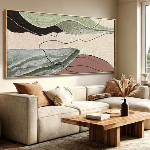 Brown Green Abstract Canvas Wall Art, Framed Beige White Painting, Neutral Black Prints Wall Decor,29x58 In Artwork for Living Room, Bedroom in Saudi Arabia