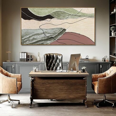 Brown Green Abstract Canvas Wall Art, Framed Beige White Painting, Neutral Black Prints Wall Decor,29x58 In Artwork for Living Room, Bedroom in Saudi Arabia