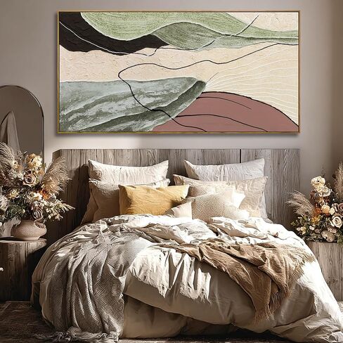 Brown Green Abstract Canvas Wall Art, Framed Beige White Painting, Neutral Black Prints Wall Decor,29x58 In Artwork for Living Room, Bedroom in Saudi Arabia