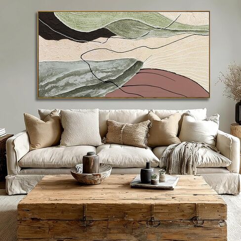 Brown Green Abstract Canvas Wall Art, Framed Beige White Painting, Neutral Black Prints Wall Decor,29x58 In Artwork for Living Room, Bedroom in Saudi Arabia