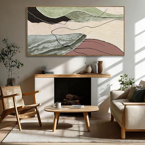 Brown Green Abstract Canvas Wall Art, Framed Beige White Painting, Neutral Black Prints Wall Decor,29x58 In Artwork for Living Room, Bedroom in Saudi Arabia