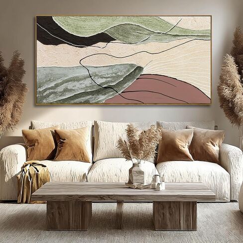 Brown Green Abstract Canvas Wall Art, Framed Beige White Painting, Neutral Black Prints Wall Decor,29x58 In Artwork for Living Room, Bedroom in Saudi Arabia