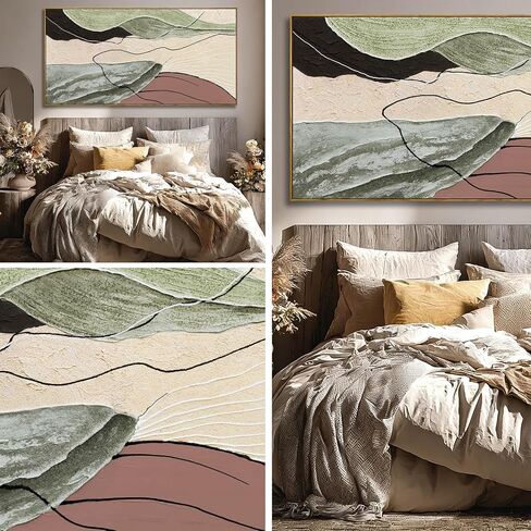 Brown Green Abstract Canvas Wall Art, Framed Beige White Painting, Neutral Black Prints Wall Decor,29x58 In Artwork for Living Room, Bedroom in Saudi Arabia