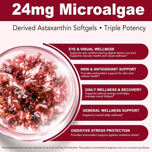 Astaxanthin Supplements 24mg | 120 Softgels | Natural Astaxanthin Antioxidant Supports for Eye & Skin & Joint Health | Fresh Microalgae Source | Non-GMO, Gluten Free | 4 Month Supply in Kuwait