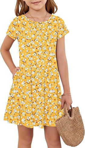 Girls Round Neck Summer Floral Short Sleeve Dress Kids Casual A line Beach Spring Dress with Pockets 2026 in Saudi Arabia