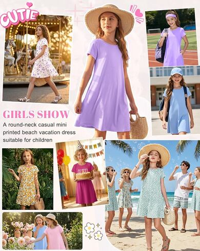 Girls Round Neck Summer Floral Short Sleeve Dress Kids Casual A line Beach Spring Dress with Pockets 2026 in Saudi Arabia