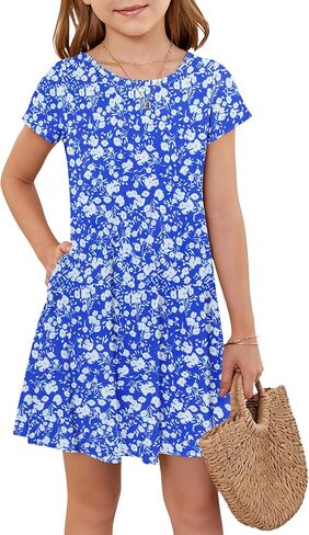 Girls Round Neck Summer Floral Short Sleeve Dress Kids Casual A line Beach Spring Dress with Pockets 2026 in Saudi Arabia