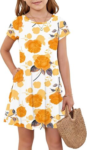 Girls Round Neck Summer Floral Short Sleeve Dress Kids Casual A line Beach Spring Dress with Pockets 2026 in Saudi Arabia