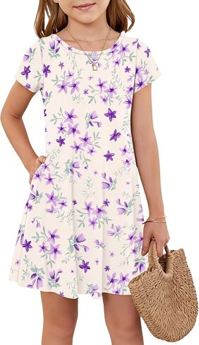 Girls Round Neck Summer Floral Short Sleeve Dress Kids Casual A line Beach Spring Dress with Pockets 2026 in Saudi Arabia