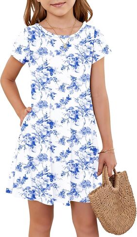 Girls Round Neck Summer Floral Short Sleeve Dress Kids Casual A line Beach Spring Dress with Pockets 2026 in Saudi Arabia