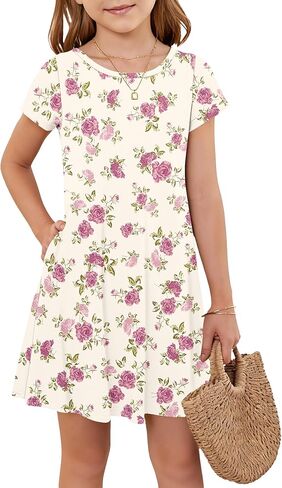 Girls Round Neck Summer Floral Short Sleeve Dress Kids Casual A line Beach Spring Dress with Pockets 2026 in Saudi Arabia