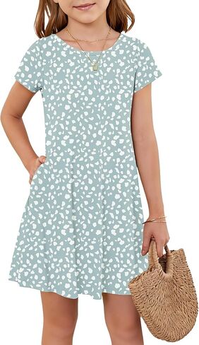 Girls Round Neck Summer Floral Short Sleeve Dress Kids Casual A line Beach Spring Dress with Pockets 2026 in Saudi Arabia