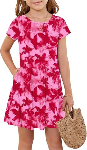 Girls Round Neck Summer Floral Short Sleeve Dress Kids Casual A line Beach Spring Dress with Pockets 2026 in Saudi Arabia