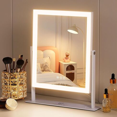 FENCHILIN Vanity Mirror with Lights 11.8" x 9.8",Lighted Hollywood Makeup Mirror with Smart Touch Control 3 Colors Dimmable LED Light, 360°Rotation 10X Magnification Tabletop White in Saudi Arabia