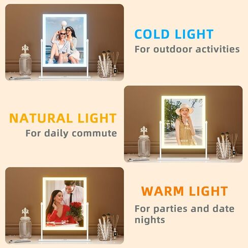 FENCHILIN Vanity Mirror with Lights 11.8" x 9.8",Lighted Hollywood Makeup Mirror with Smart Touch Control 3 Colors Dimmable LED Light, 360°Rotation 10X Magnification Tabletop White in Saudi Arabia