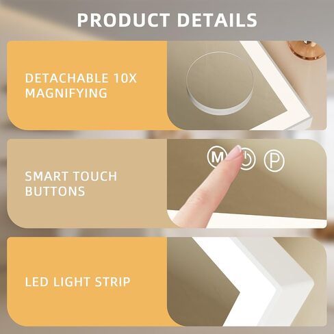 FENCHILIN Vanity Mirror with Lights 11.8" x 9.8",Lighted Hollywood Makeup Mirror with Smart Touch Control 3 Colors Dimmable LED Light, 360°Rotation 10X Magnification Tabletop White in Saudi Arabia