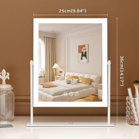 FENCHILIN Vanity Mirror with Lights 11.8" x 9.8",Lighted Hollywood Makeup Mirror with Smart Touch Control 3 Colors Dimmable LED Light, 360°Rotation 10X Magnification Tabletop White in Saudi Arabia