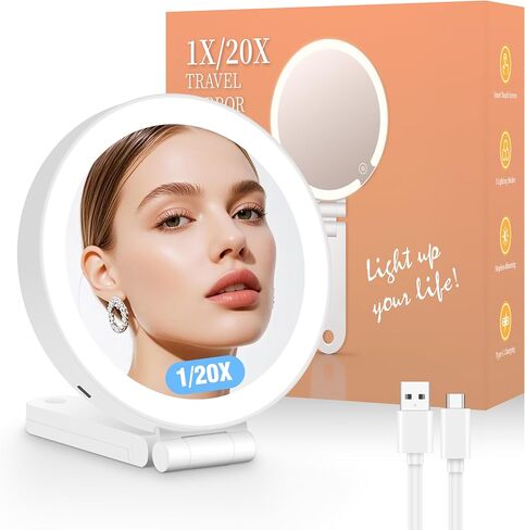 Travel Makeup Mirror with Lights, 20X/1X Double-Sided Magnifying Mirror with 3 Color Lights, Brightness Adjustable, Rechargeable, Foldable Handheld Makeup Mirrors Portable for Travel Use in Saudi Arabia