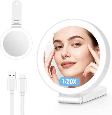 Travel Makeup Mirror with Lights, 20X/1X Double-Sided Magnifying Mirror with 3 Color Lights, Brightness Adjustable, Rechargeable, Foldable Handheld Makeup Mirrors Portable for Travel Use in Saudi Arabia