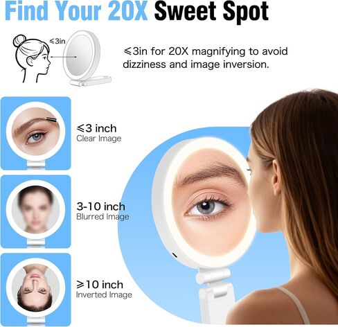 Travel Makeup Mirror with Lights, 20X/1X Double-Sided Magnifying Mirror with 3 Color Lights, Brightness Adjustable, Rechargeable, Foldable Handheld Makeup Mirrors Portable for Travel Use in Saudi Arabia