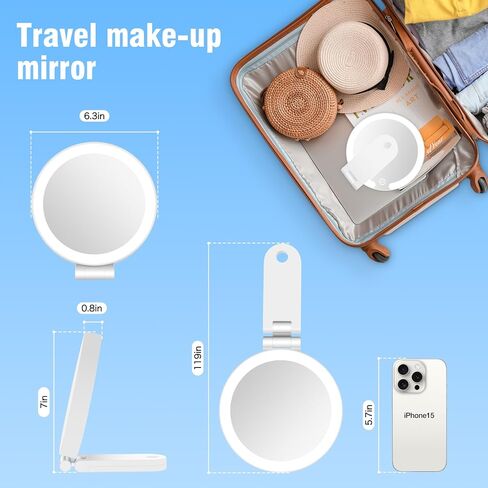 Travel Makeup Mirror with Lights, 20X/1X Double-Sided Magnifying Mirror with 3 Color Lights, Brightness Adjustable, Rechargeable, Foldable Handheld Makeup Mirrors Portable for Travel Use in Saudi Arabia