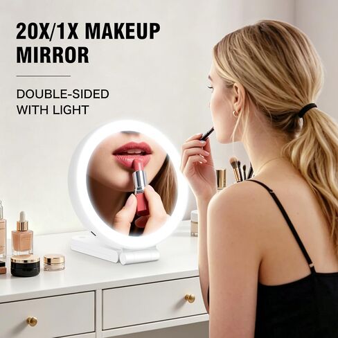 Travel Makeup Mirror with Lights, 20X/1X Double-Sided Magnifying Mirror with 3 Color Lights, Brightness Adjustable, Rechargeable, Foldable Handheld Makeup Mirrors Portable for Travel Use in Saudi Arabia