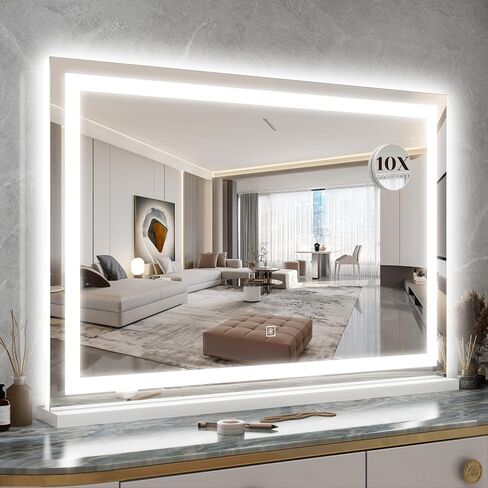ROLOVE 31" x 22" Large Lighted Vanity Mirror with Lights, Dimmable 3 Modes, LED Makeup Mirror for Bathroom ＆ Dressing Room, Tabletop or Wall-Mounted, 10X Magnification, White in Saudi Arabia