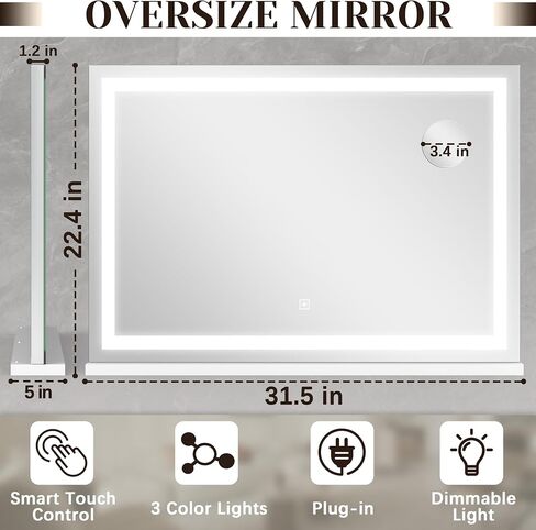 ROLOVE 31" x 22" Large Lighted Vanity Mirror with Lights, Dimmable 3 Modes, LED Makeup Mirror for Bathroom ＆ Dressing Room, Tabletop or Wall-Mounted, 10X Magnification, White in Saudi Arabia