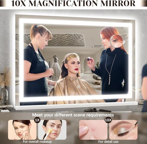 ROLOVE 31" x 22" Large Lighted Vanity Mirror with Lights, Dimmable 3 Modes, LED Makeup Mirror for Bathroom ＆ Dressing Room, Tabletop or Wall-Mounted, 10X Magnification, White in Saudi Arabia