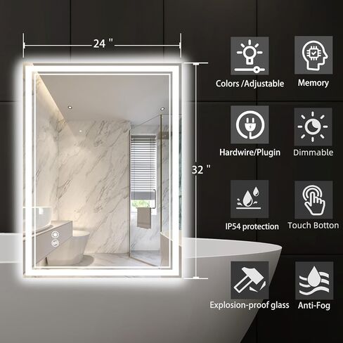24 x 32'' LED Mirror for Bathroom Anti-Fog Bathroom Mirror Dimmable 3 Colors Memory Function Bathroom Mirror with Lights Vanity Mirror Switch/Plug in Wall Mounted Home Decor Horizontal/Vertical in Saudi Arabia