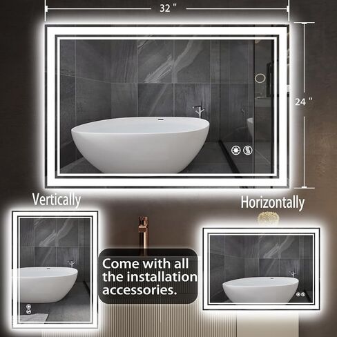 24 x 32'' LED Mirror for Bathroom Anti-Fog Bathroom Mirror Dimmable 3 Colors Memory Function Bathroom Mirror with Lights Vanity Mirror Switch/Plug in Wall Mounted Home Decor Horizontal/Vertical in Saudi Arabia