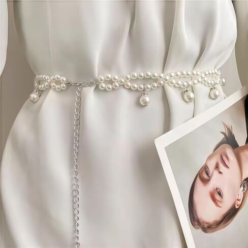Pearl Belts for Women Silver Adjustable Pearl Waist Chain Bridal Wedding Sash Belt Sweater Chain for Bridesmaids Fashion Jewelry Gifts Accessory in Kuwait