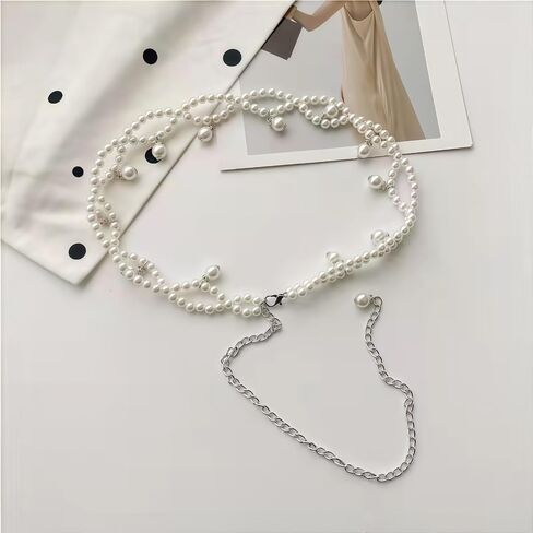 Pearl Belts for Women Silver Adjustable Pearl Waist Chain Bridal Wedding Sash Belt Sweater Chain for Bridesmaids Fashion Jewelry Gifts Accessory in Kuwait
