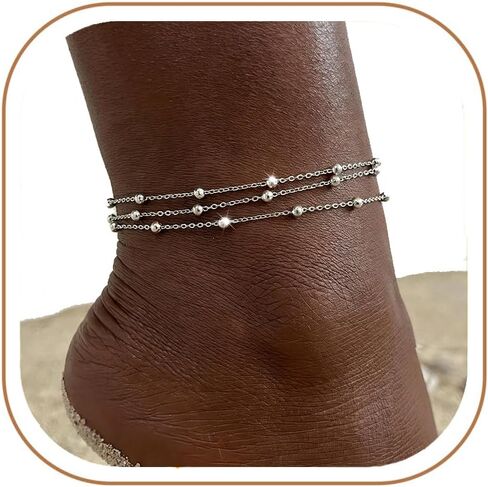 Longita Silver Anklet for Women Layered Stacked Silver Chain Anklets Waterproof Adjustable Beaded Bracelet Boho Jewelry no Tarnish Vacation Accessories Trendy Gifts for Women Summer Beach Accessories in Kuwait