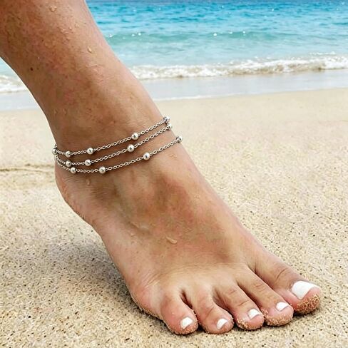 Longita Silver Anklet for Women Layered Stacked Silver Chain Anklets Waterproof Adjustable Beaded Bracelet Boho Jewelry no Tarnish Vacation Accessories Trendy Gifts for Women Summer Beach Accessories in Kuwait