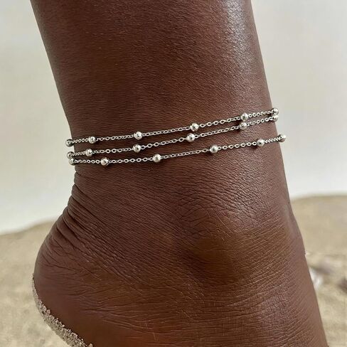 Longita Silver Anklet for Women Layered Stacked Silver Chain Anklets Waterproof Adjustable Beaded Bracelet Boho Jewelry no Tarnish Vacation Accessories Trendy Gifts for Women Summer Beach Accessories in Kuwait