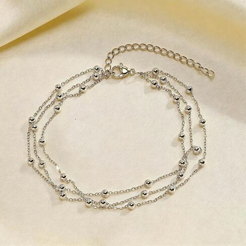 Longita Silver Anklet for Women Layered Stacked Silver Chain Anklets Waterproof Adjustable Beaded Bracelet Boho Jewelry no Tarnish Vacation Accessories Trendy Gifts for Women Summer Beach Accessories in Kuwait