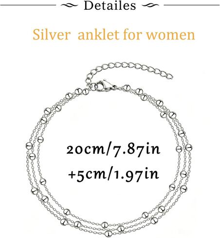 Longita Silver Anklet for Women Layered Stacked Silver Chain Anklets Waterproof Adjustable Beaded Bracelet Boho Jewelry no Tarnish Vacation Accessories Trendy Gifts for Women Summer Beach Accessories in Kuwait