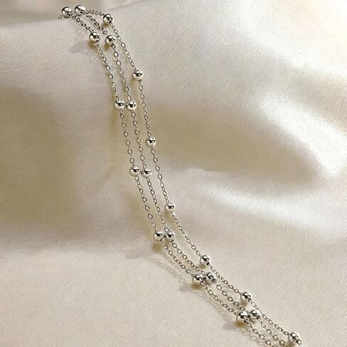 Longita Silver Anklet for Women Layered Stacked Silver Chain Anklets Waterproof Adjustable Beaded Bracelet Boho Jewelry no Tarnish Vacation Accessories Trendy Gifts for Women Summer Beach Accessories in Kuwait