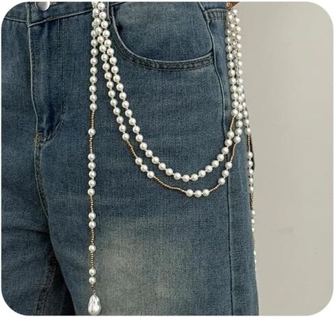 Pearl Pants Chain for Women,Vintage Long Pearl Chain Link Pants Chains,Hip Hop Jean Trouser Accessories Necklace Brooch Multifunctional Jewelry in Kuwait