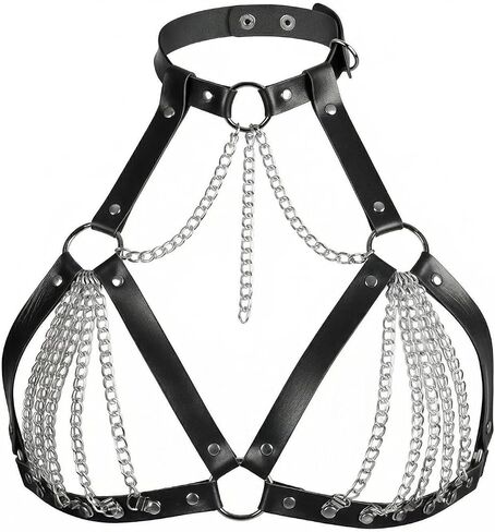 Punk Black Leather Chest Harness Bra Cage Style Shoulder Strap Body Chain Belt, Layered Chest Chain Rave Nightclub Belly Bra Jewelry Accessory for Women Halloween Carnival in Kuwait