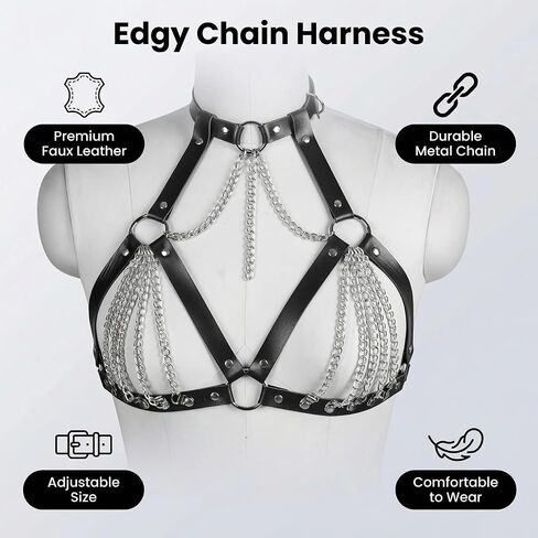 Punk Black Leather Chest Harness Bra Cage Style Shoulder Strap Body Chain Belt, Layered Chest Chain Rave Nightclub Belly Bra Jewelry Accessory for Women Halloween Carnival in Kuwait