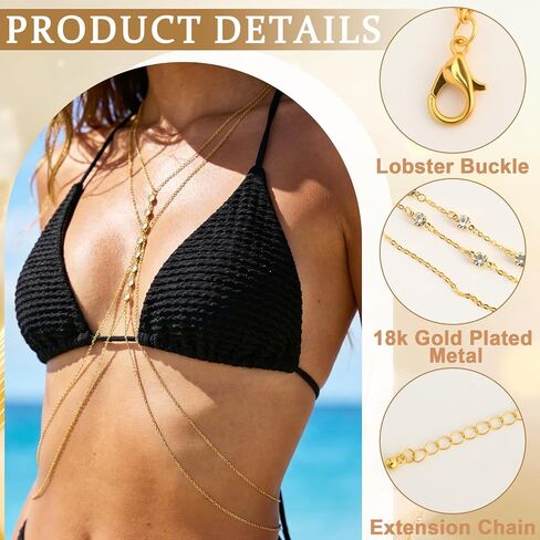 SANNIX 2 Piece Gold Plated Body Chain,Layered Belly Chains Rhinestone Jewelry Lingerie Bikini Waist Bra Chain Belt Accessories for Women for Summer Beach Date Night in Kuwait