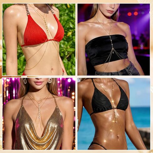 SANNIX 2 Piece Gold Plated Body Chain,Layered Belly Chains Rhinestone Jewelry Lingerie Bikini Waist Bra Chain Belt Accessories for Women for Summer Beach Date Night in Kuwait