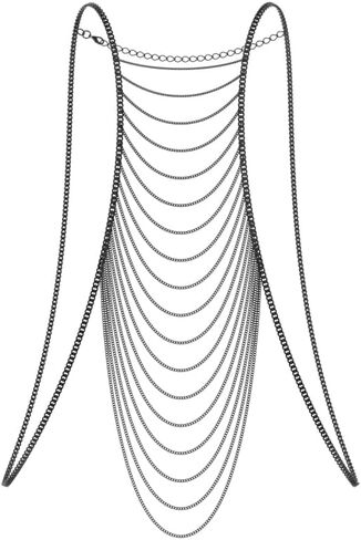 Multi-Layer Black Chain Body Necklace, Gothic Statement Jewelry, Draped Design Metal Chains, Fashion Body Chain Accessory in Saudi Arabia