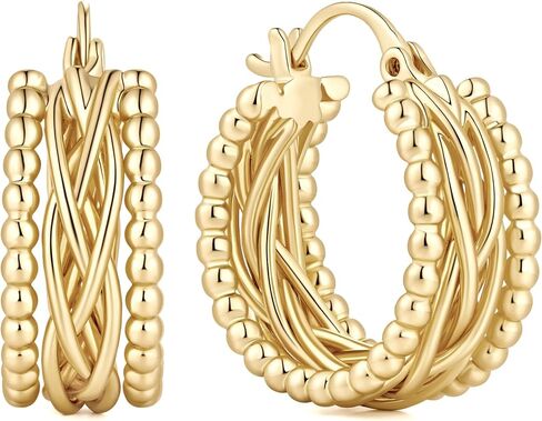 NEARLAND Gold Hoop Earrings 14K Gold Earrings for Women Gold Hoop Earrings for Womens Hoops Twisted Lines with Beaded Textures for Dimensional Look Hoops Earring for Womens in Saudi Arabia