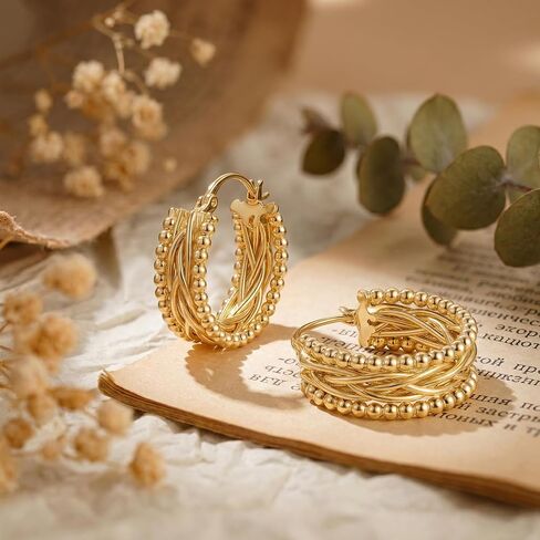 NEARLAND Gold Hoop Earrings 14K Gold Earrings for Women Gold Hoop Earrings for Womens Hoops Twisted Lines with Beaded Textures for Dimensional Look Hoops Earring for Womens in Saudi Arabia