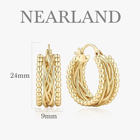 NEARLAND Gold Hoop Earrings 14K Gold Earrings for Women Gold Hoop Earrings for Womens Hoops Twisted Lines with Beaded Textures for Dimensional Look Hoops Earring for Womens in Saudi Arabia